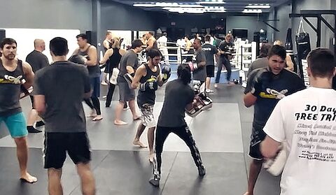 A full adult Muay Thai kickboxing class training at Rumble Martial Arts in Keswick.
