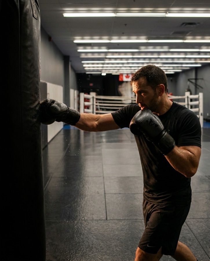 An adult working the heavy bag during a striking class at Rumble Martial Arts.