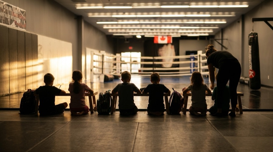 Two children doing homework at a table beside the mats at Rumble Martial Arts, an adult helping them, seen from behind.