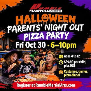 Halloween Parents' Night Out Pizza Party, Friday October 30, 6 to 10pm, ages 4 to 12, $39.99 per child plus HST.