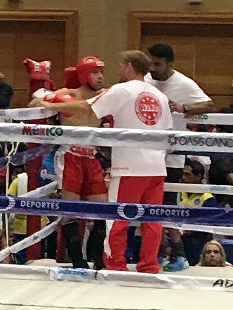 Kru Jones cornering for Team Canada at the Pan American championships in Mexico.