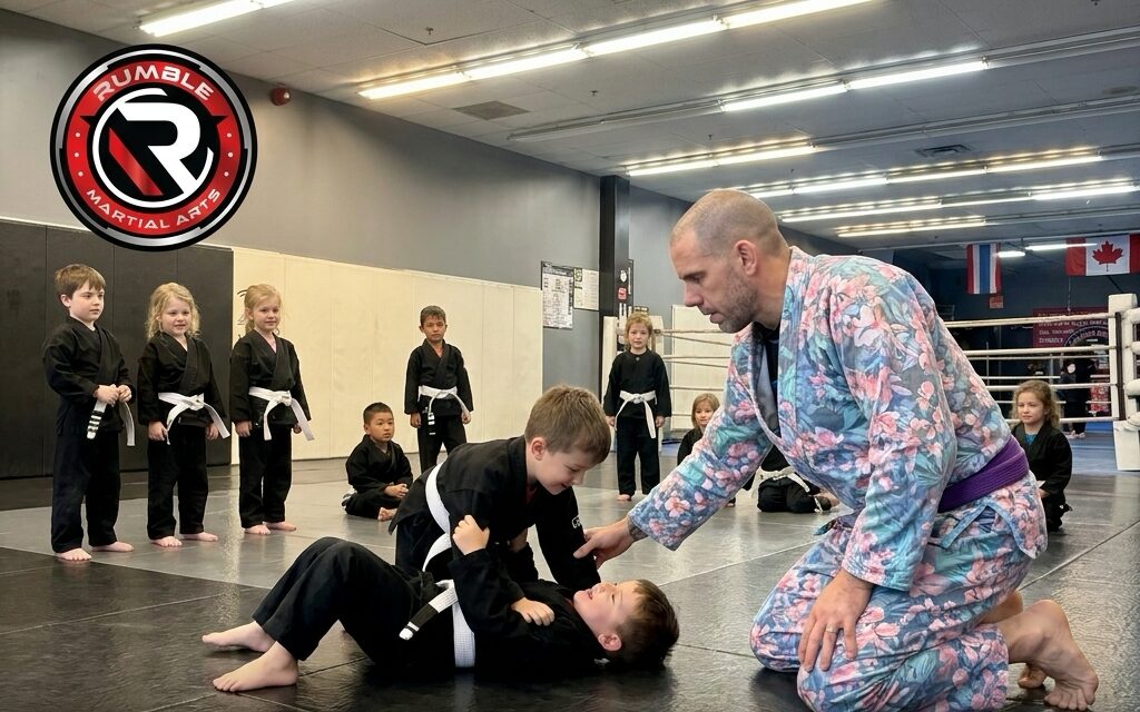 A coach guiding two Tiny Ninjas through a jiu-jitsu control position on the mats at Rumble Martial Arts.